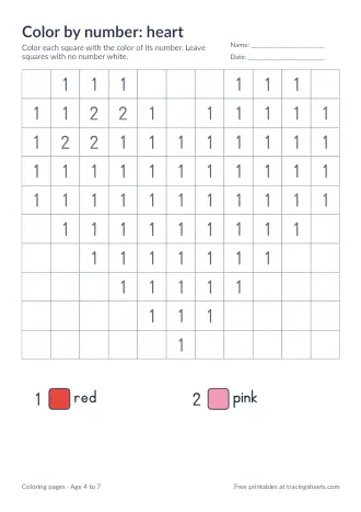 Preview of the color by number: heart worksheet