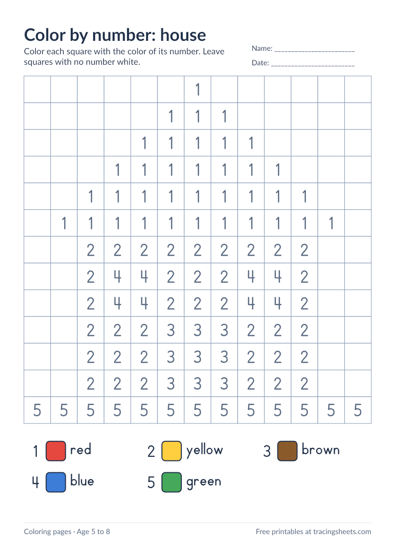 Preview of the printable color by number: house worksheet