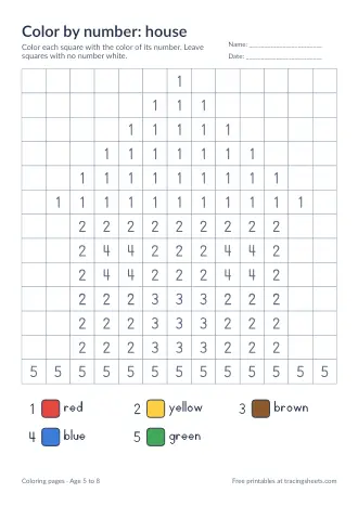 Preview of the color by number: house worksheet
