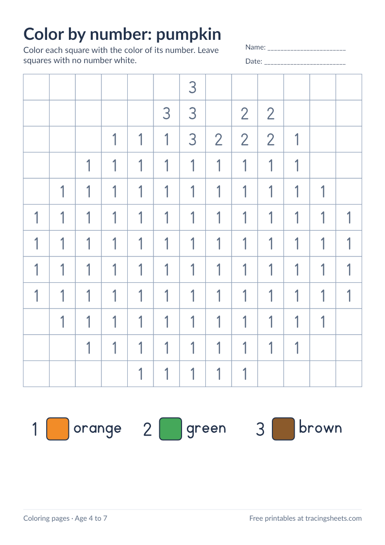 Preview of the printable color by number: pumpkin worksheet