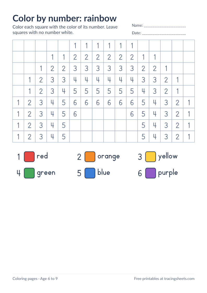 Preview of the printable color by number: rainbow worksheet