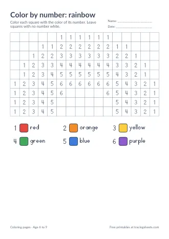 Preview of the color by number: rainbow worksheet