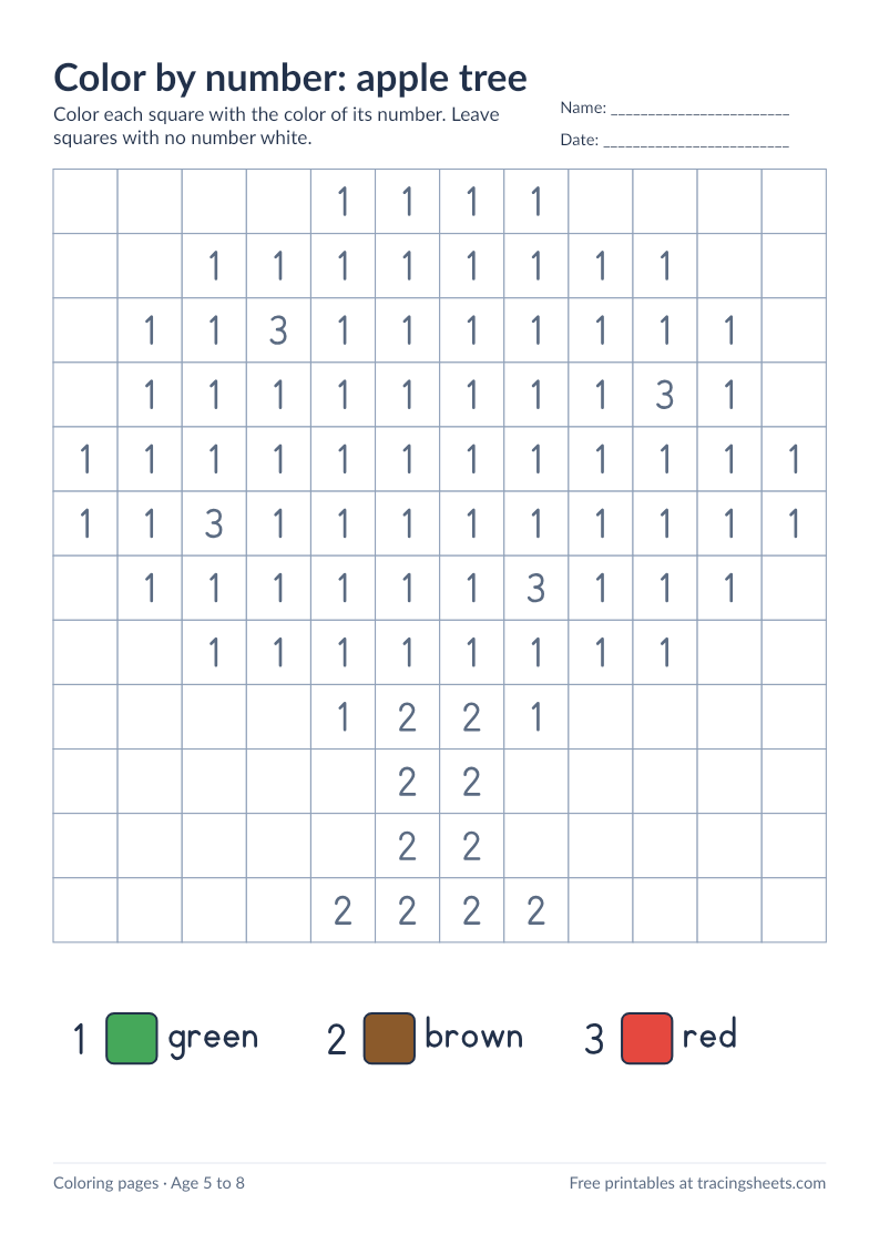 Preview of the printable color by number: apple tree worksheet