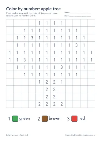 Preview of the color by number: apple tree worksheet