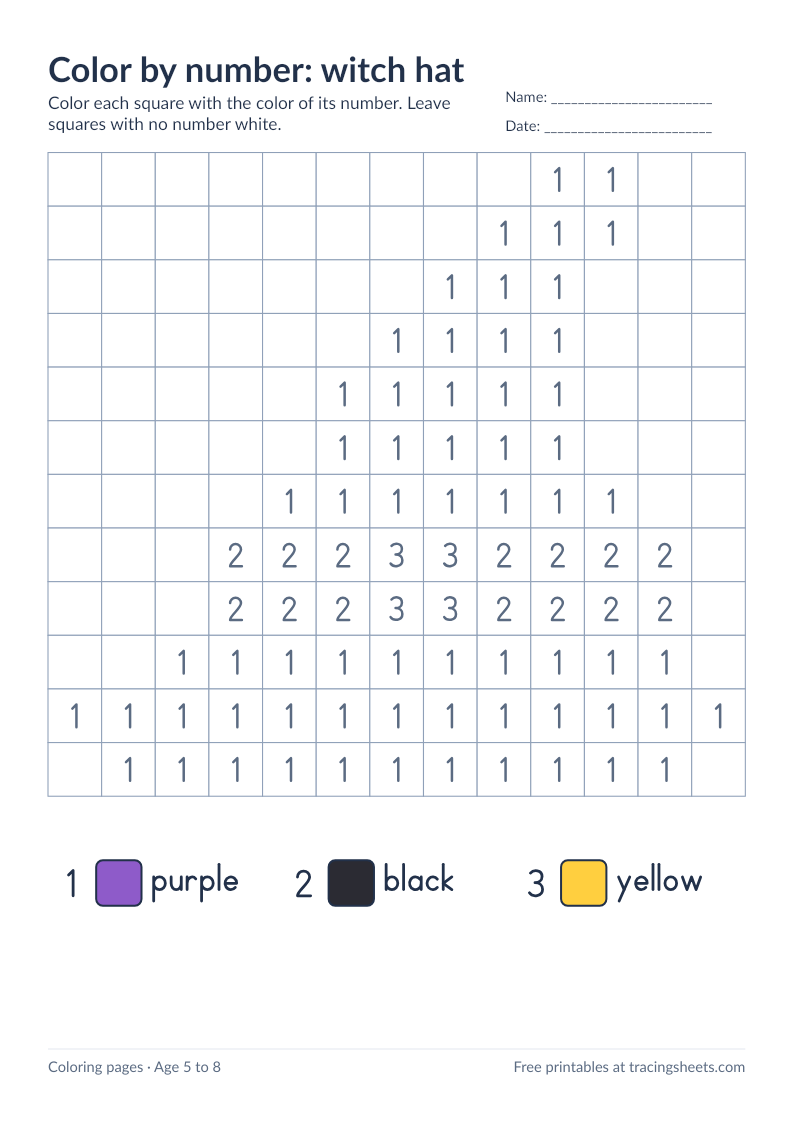 Preview of the printable color by number: witch hat worksheet