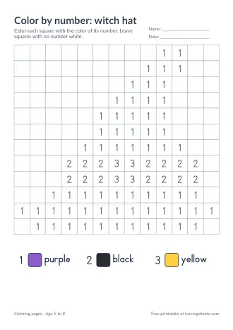 Preview of the color by number: witch hat worksheet