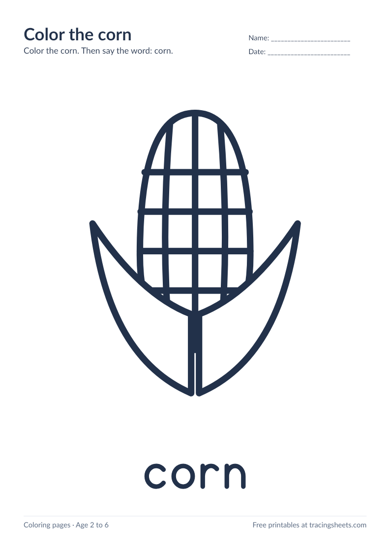 Preview of the printable color the corn worksheet
