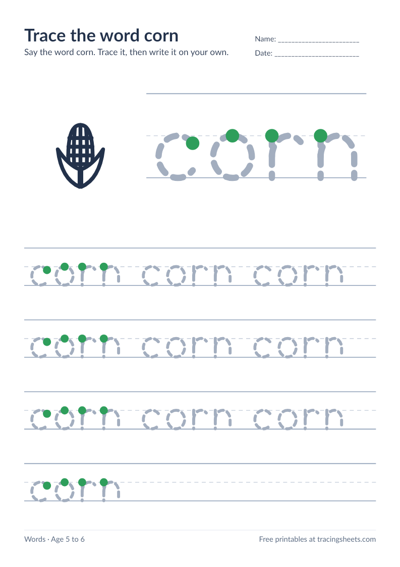 Preview of the printable trace the word corn worksheet