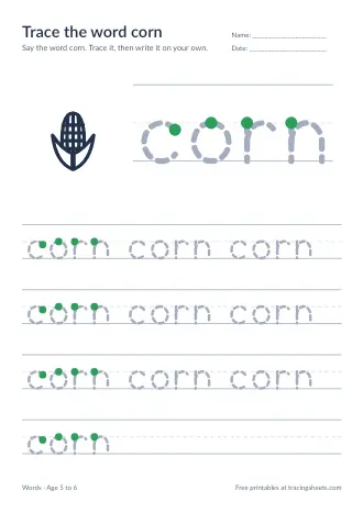 Preview of the trace the word corn worksheet