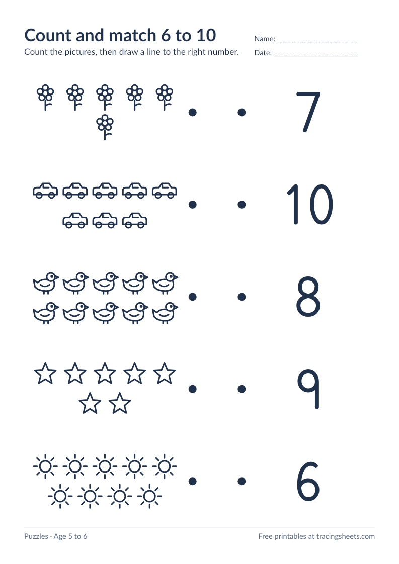 Preview of the printable count and match 6 to 10 worksheet