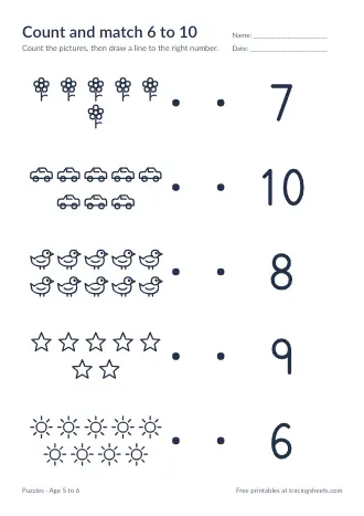 Preview of the count and match 6 to 10 worksheet