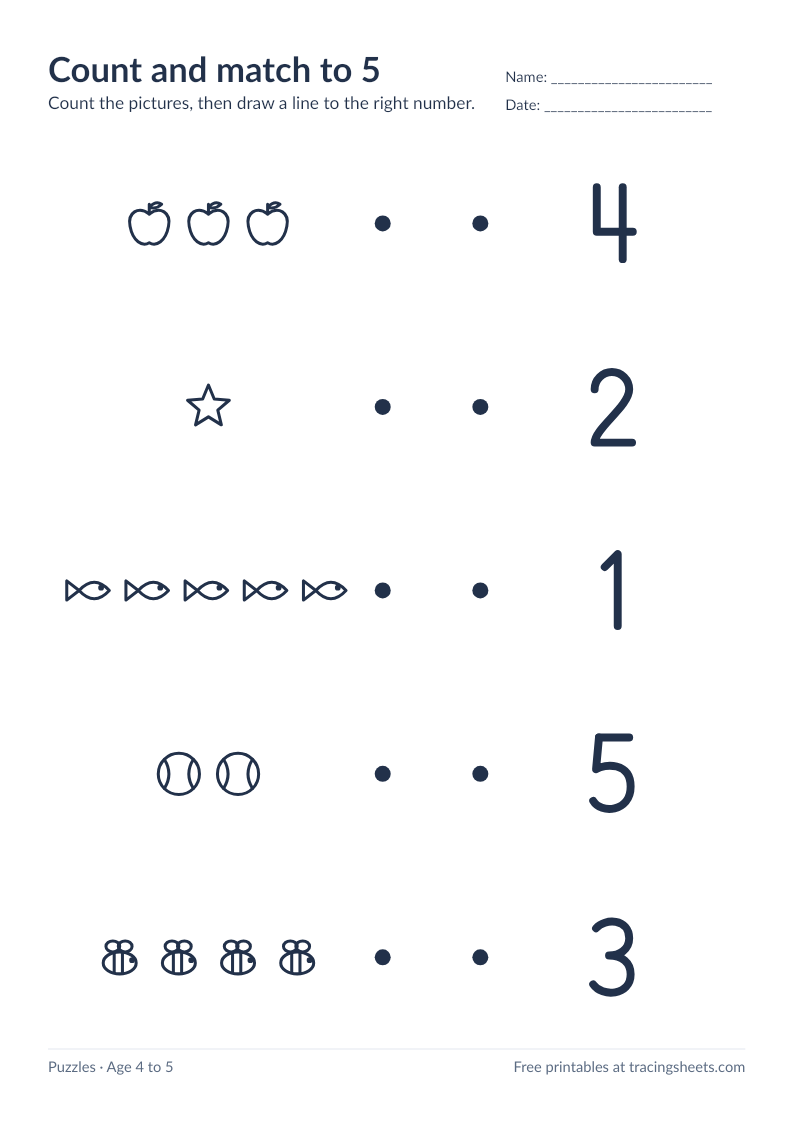 Preview of the printable count and match to 5 worksheet