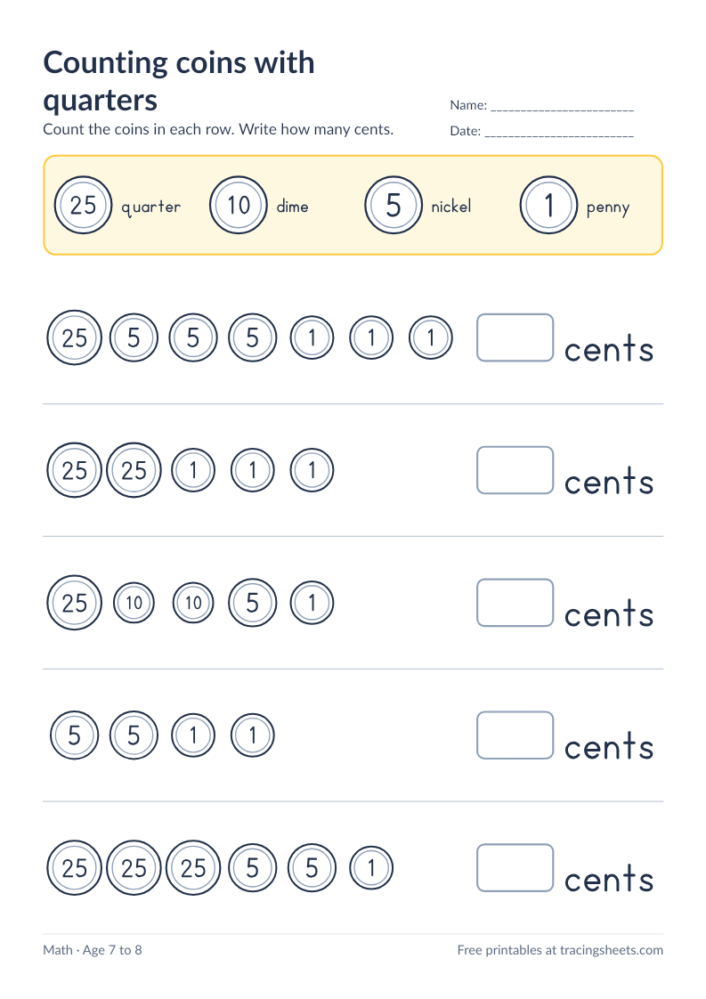 Preview of the printable counting coins with quarters worksheet