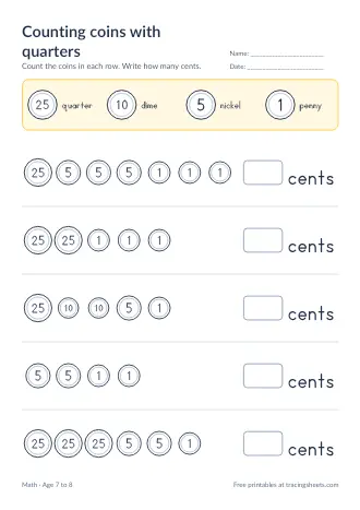 Preview of the counting coins with quarters worksheet