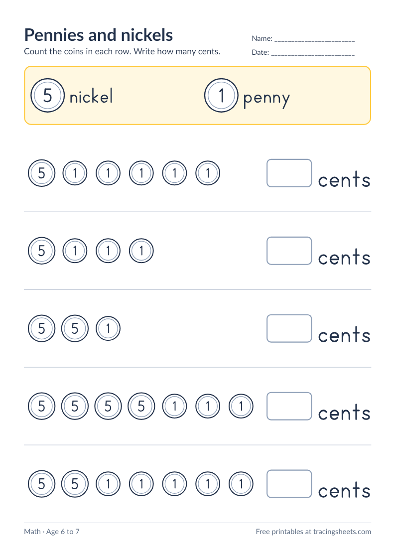 Preview of the printable pennies and nickels worksheet