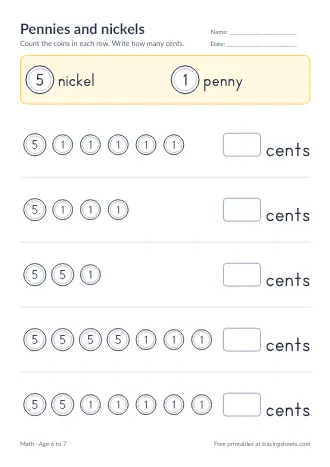 Preview of the pennies and nickels worksheet
