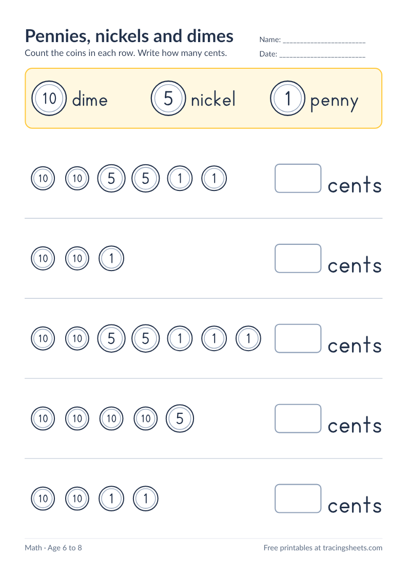 Preview of the printable pennies, nickels and dimes worksheet