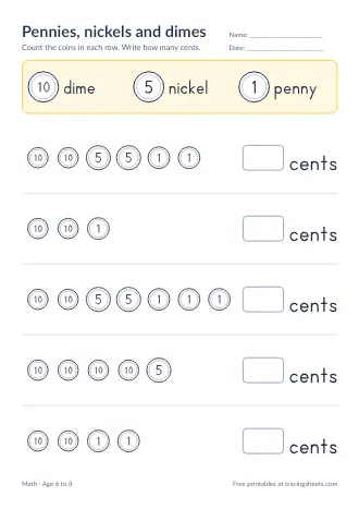 Preview of the pennies, nickels and dimes worksheet
