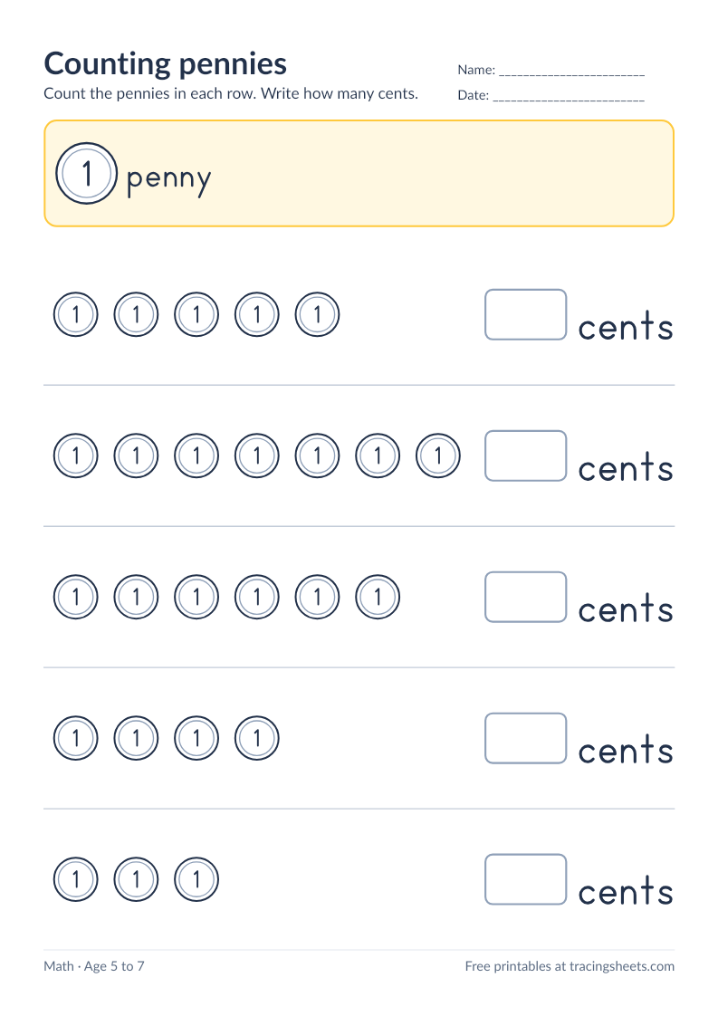 Preview of the printable counting pennies worksheet