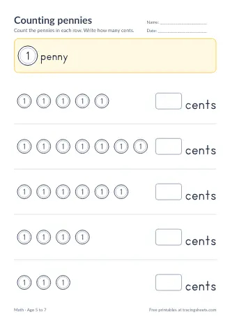 Preview of the counting pennies worksheet