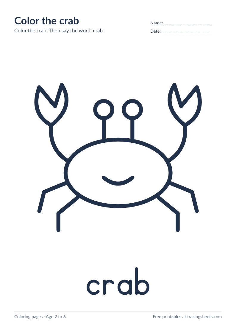 Preview of the printable color the crab worksheet