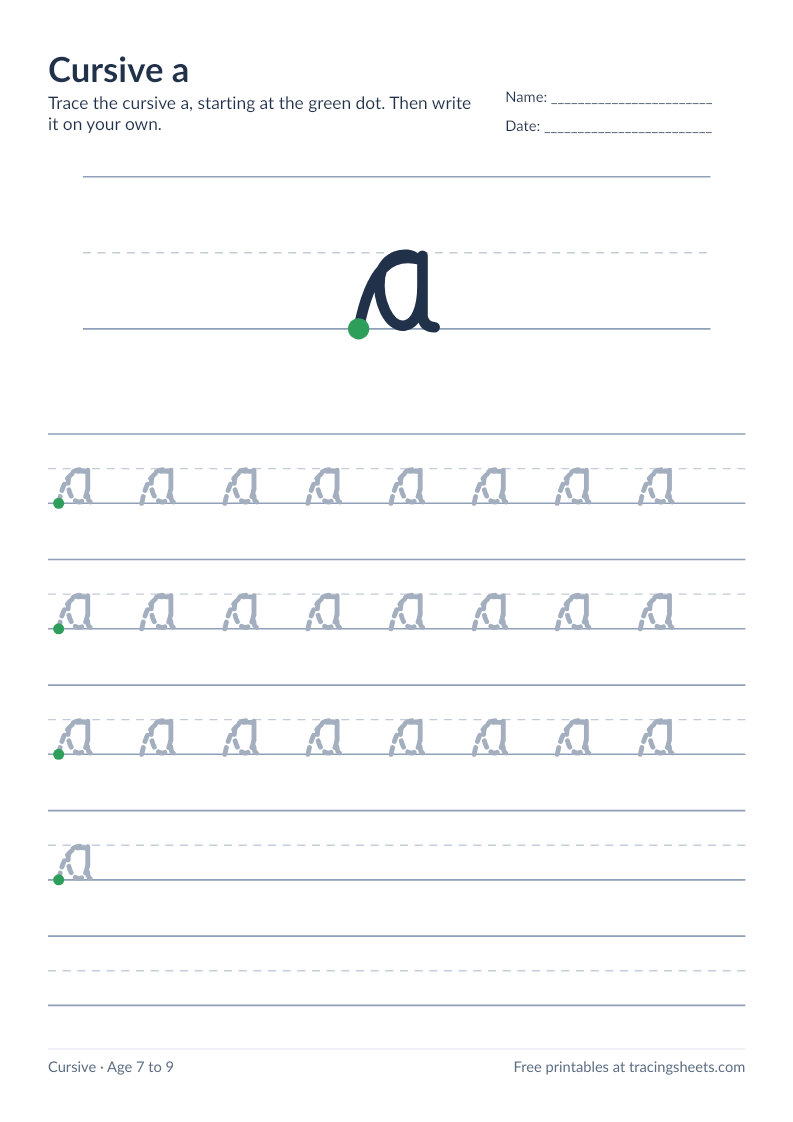 Preview of the printable cursive a worksheet
