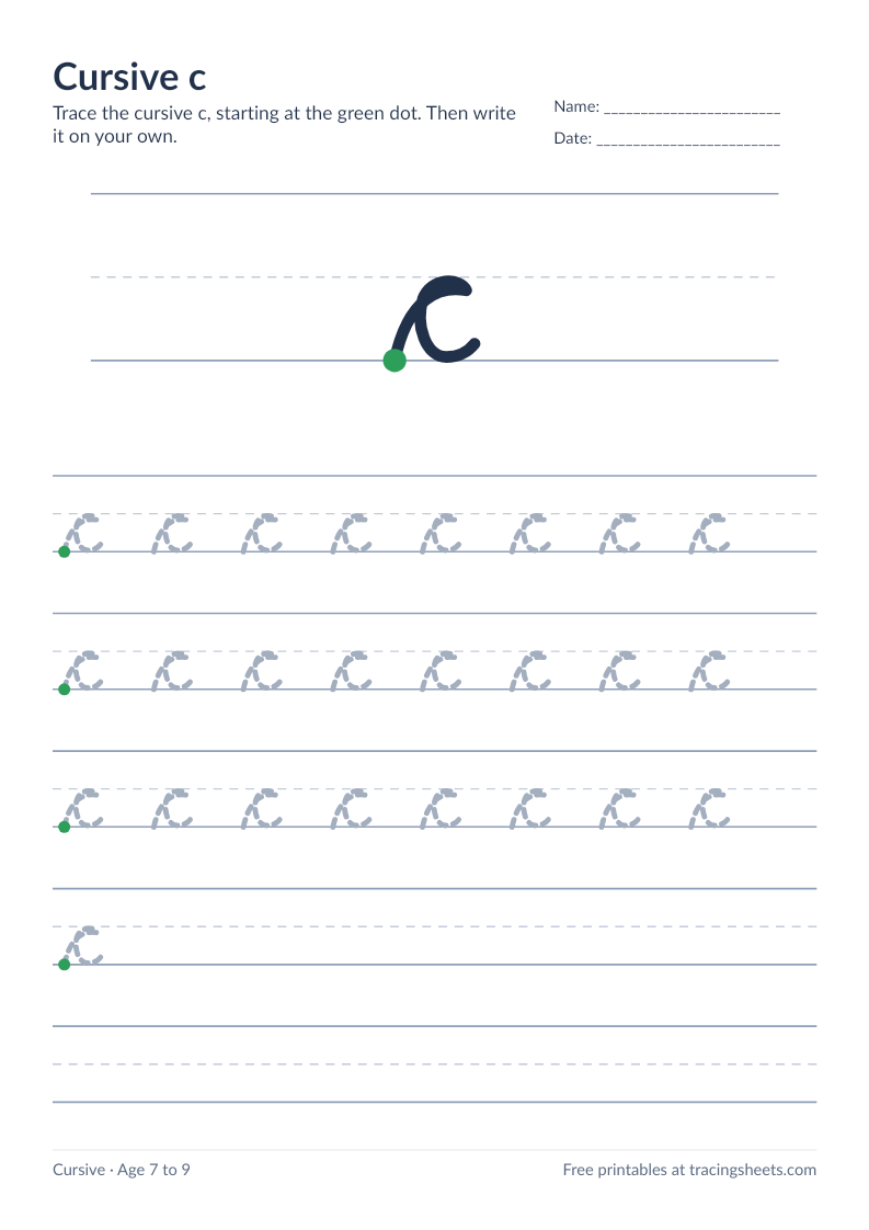 Preview of the printable cursive c worksheet