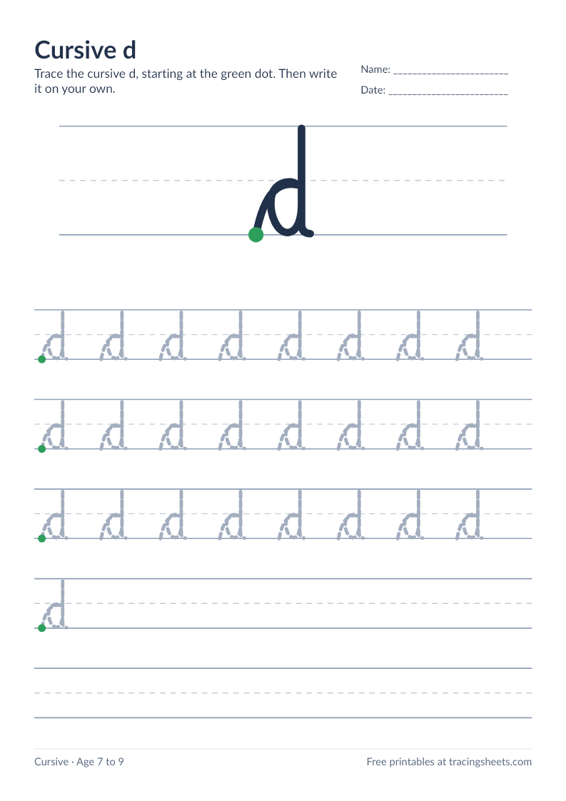 Preview of the printable cursive d worksheet