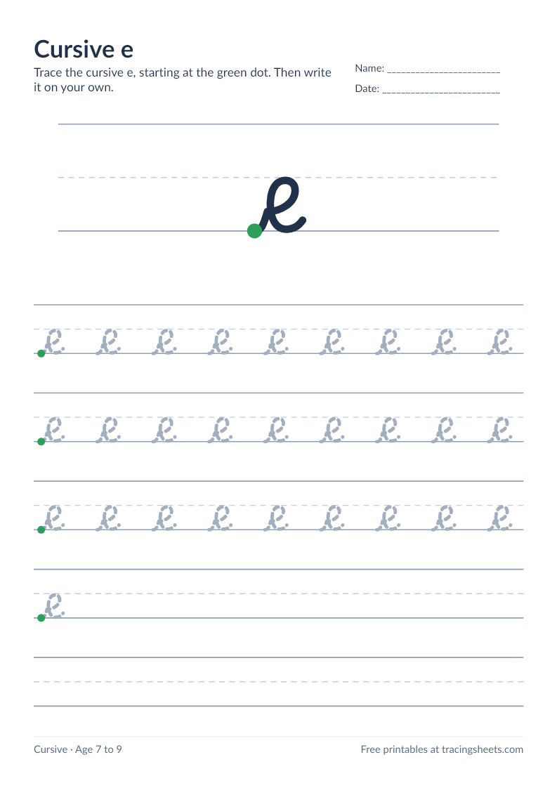 Preview of the printable cursive e worksheet