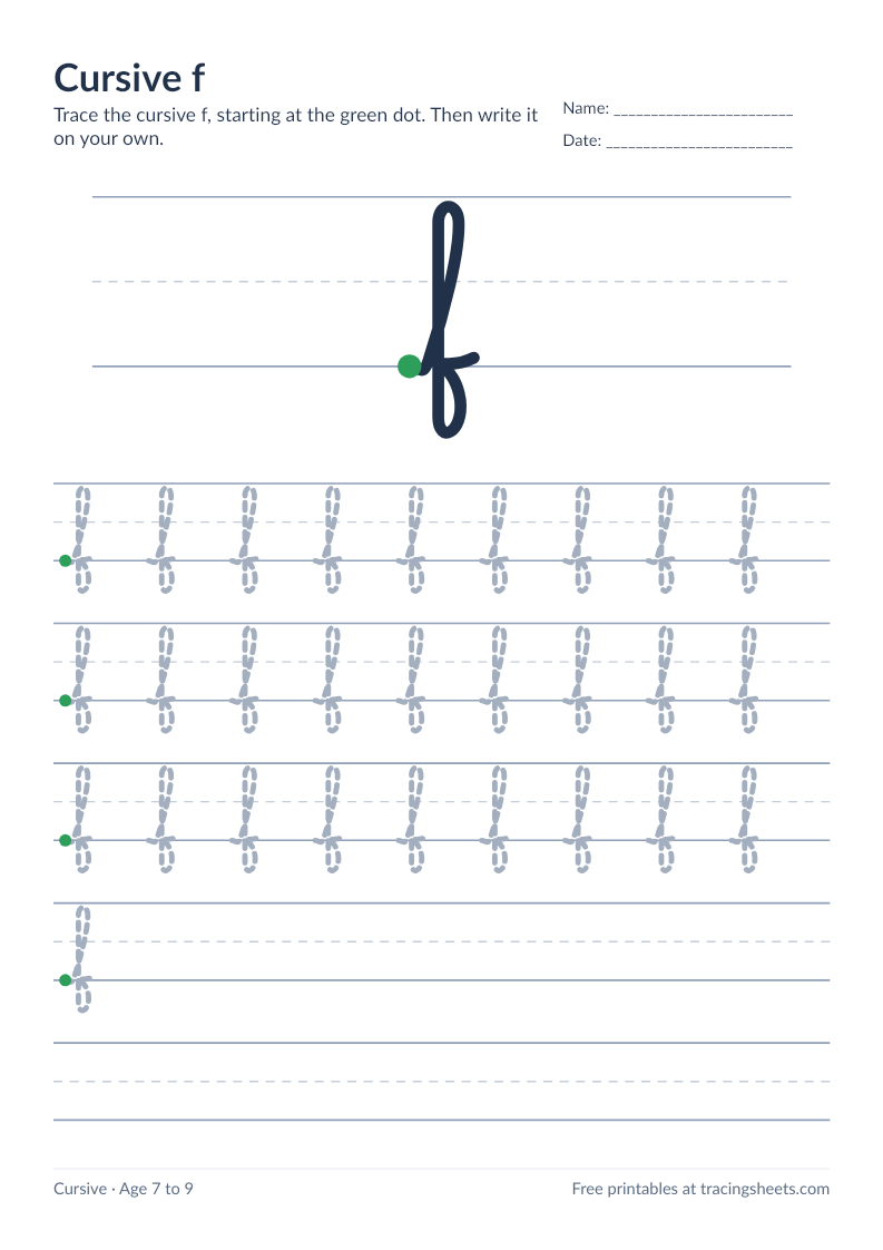 Preview of the printable cursive f worksheet
