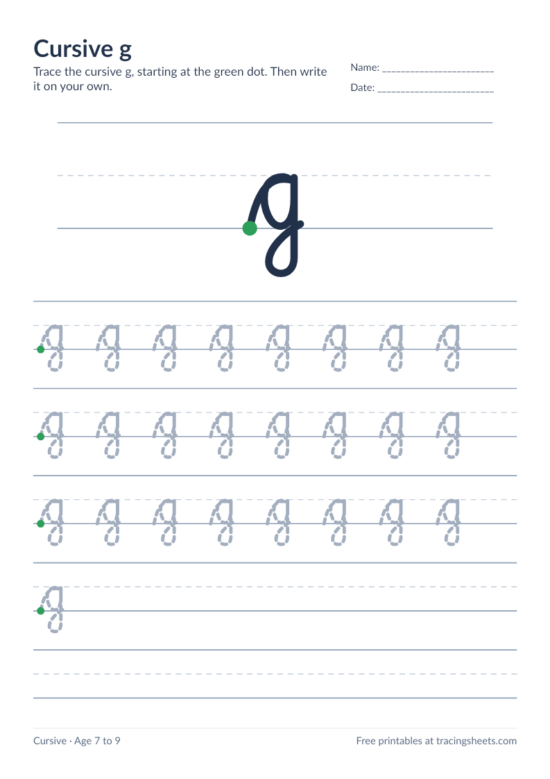 Preview of the printable cursive g worksheet