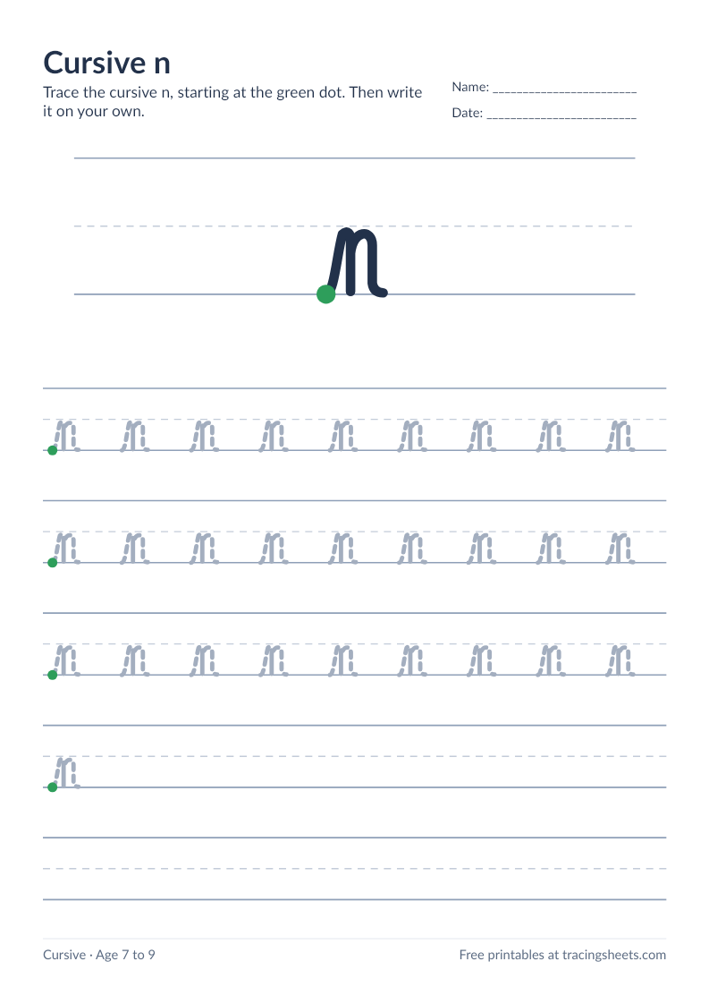 Preview of the printable cursive n worksheet