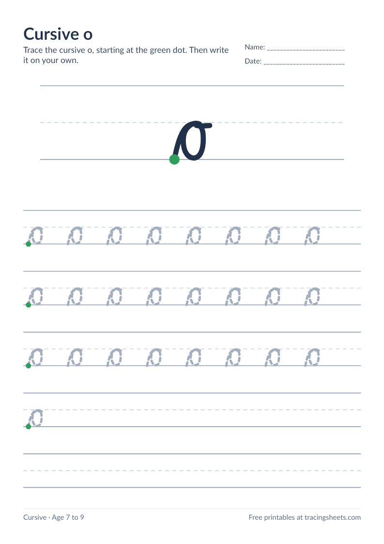 Preview of the printable cursive o worksheet
