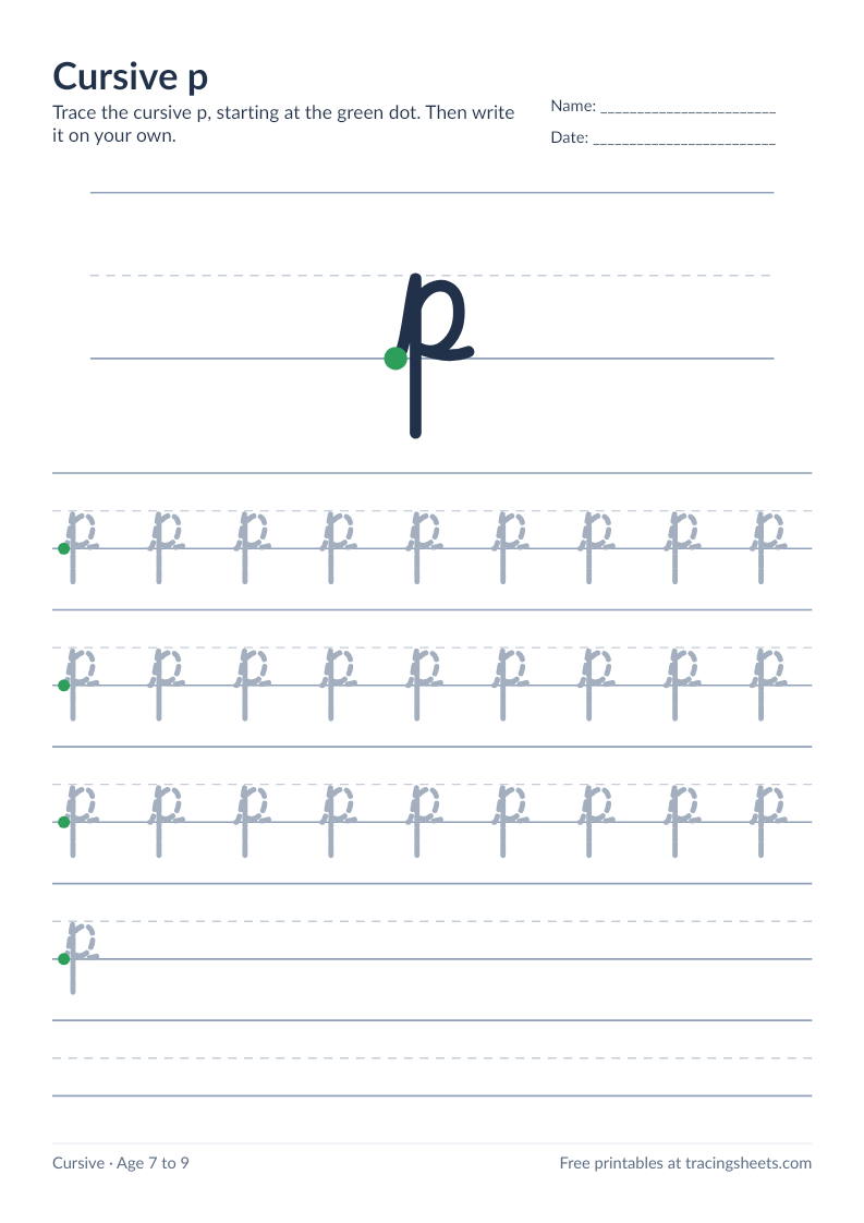 Preview of the printable cursive p worksheet