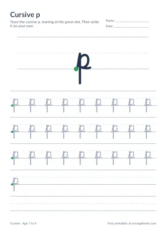 Preview of the cursive p worksheet