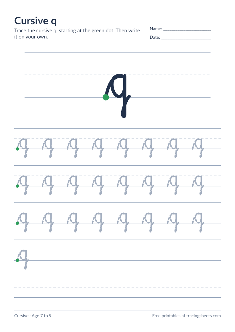 Preview of the printable cursive q worksheet