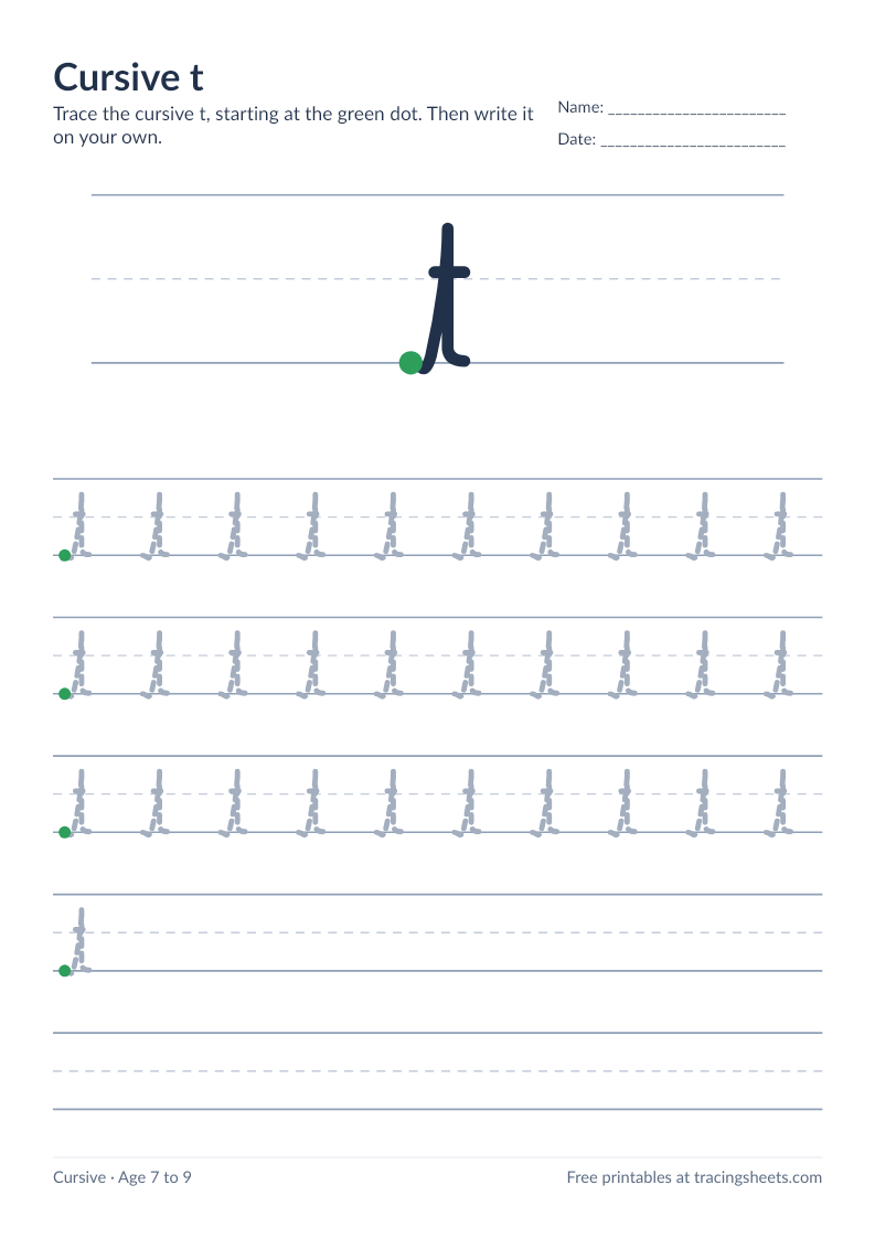 Preview of the printable cursive t worksheet