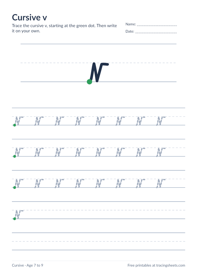 Preview of the printable cursive v worksheet
