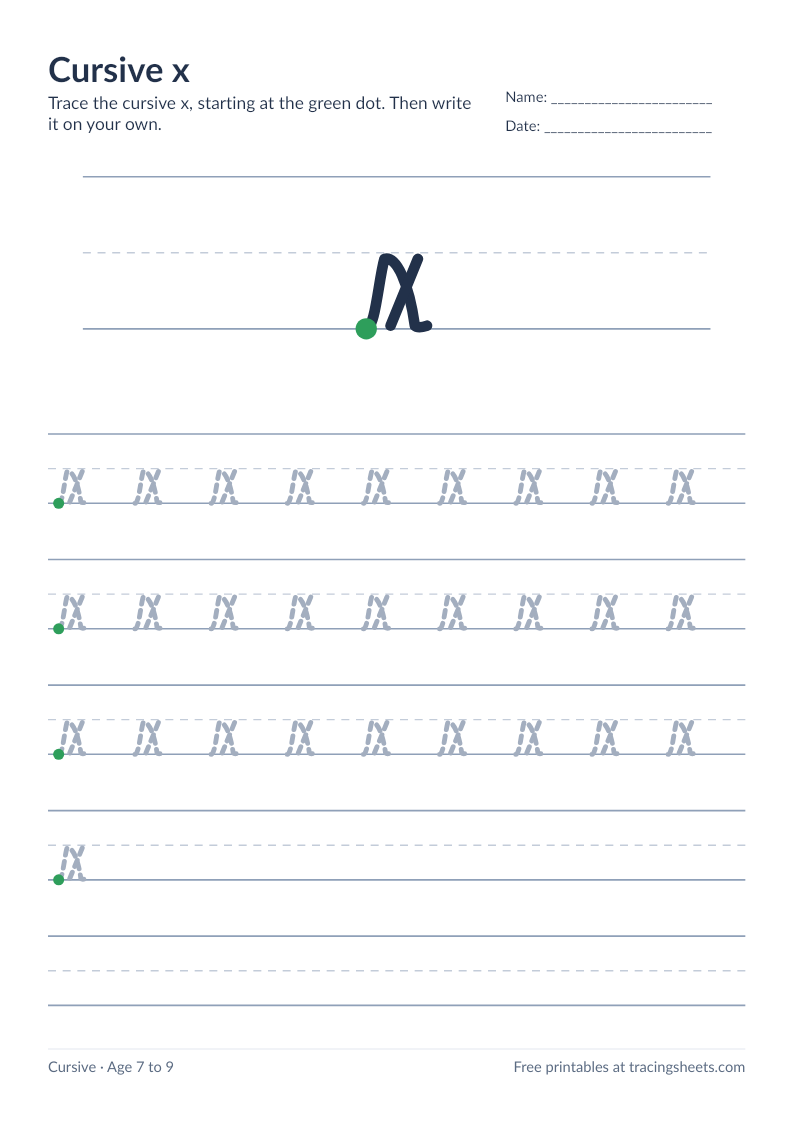 Preview of the printable cursive x worksheet