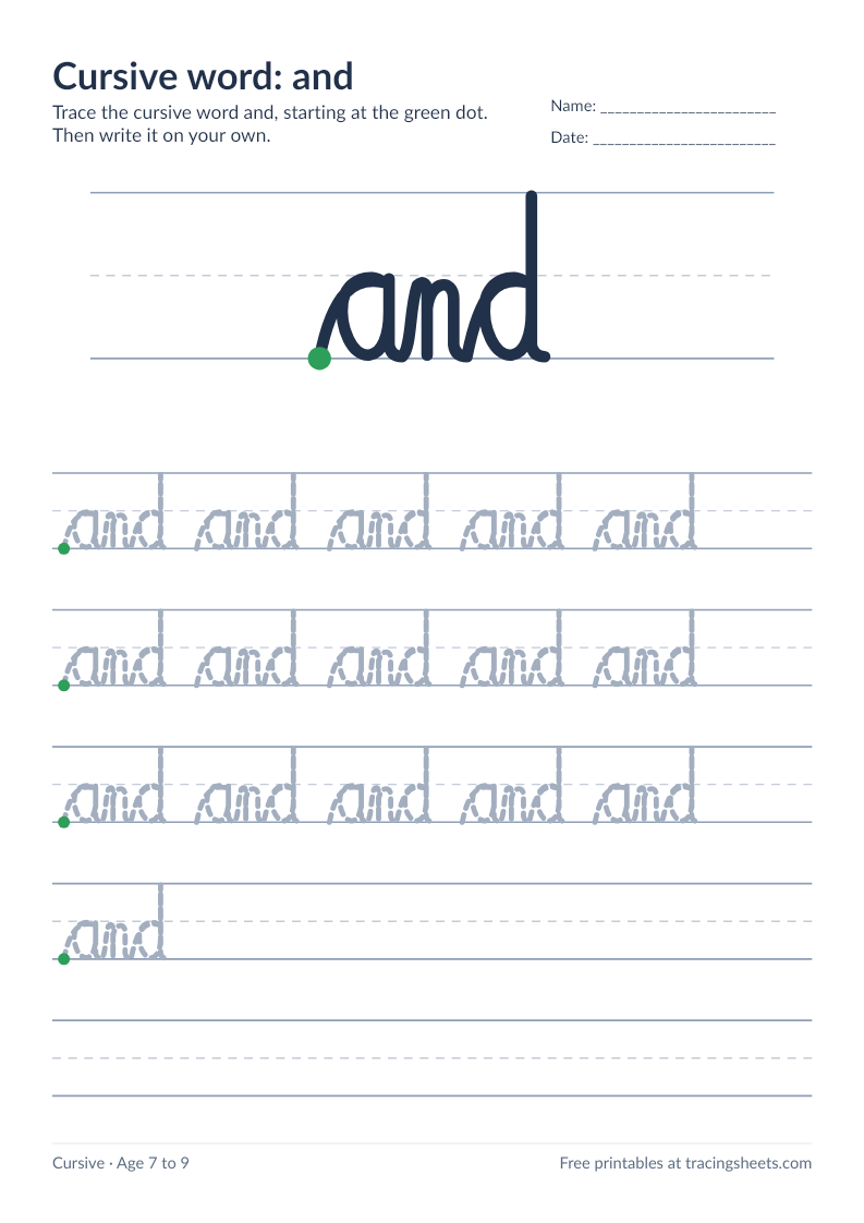 Preview of the printable cursive word: and worksheet