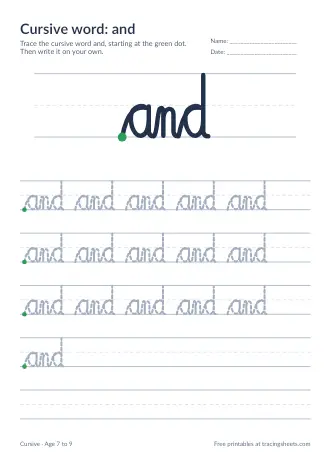 Preview of the cursive word: and worksheet