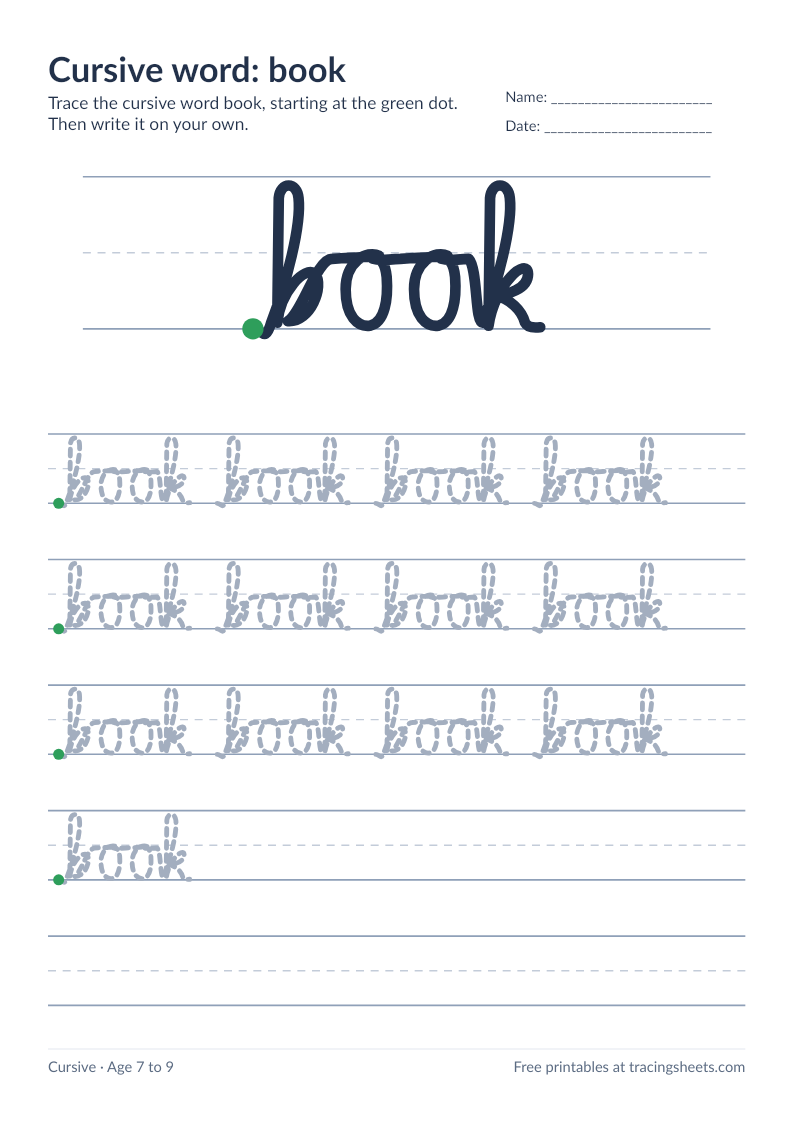 Preview of the printable cursive word: book worksheet