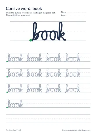Preview of the cursive word: book worksheet