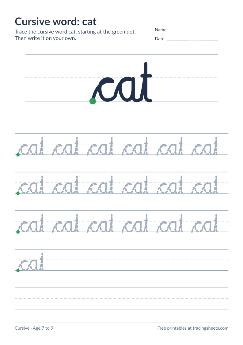 Preview of the printable cursive word: cat worksheet