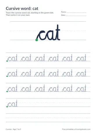 Preview of the cursive word: cat worksheet