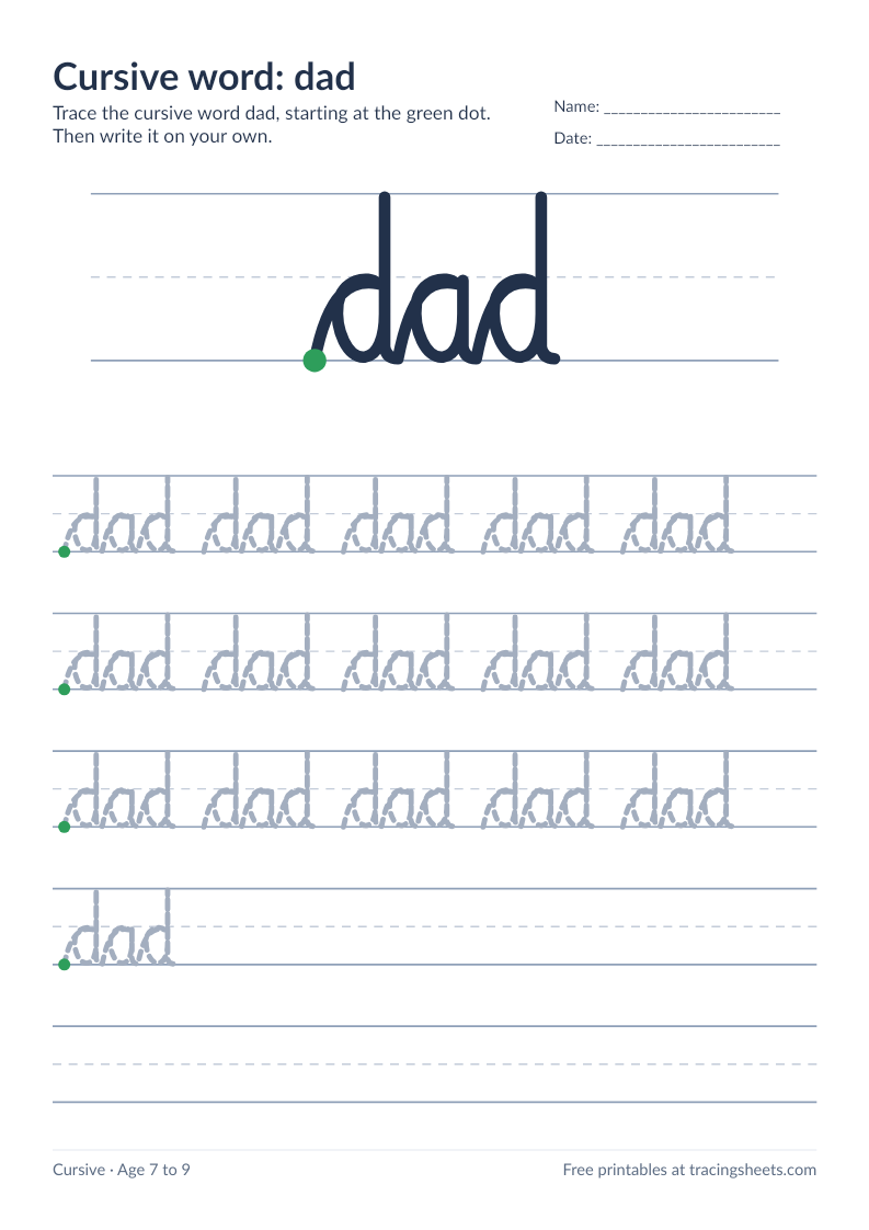 Preview of the printable cursive word: dad worksheet