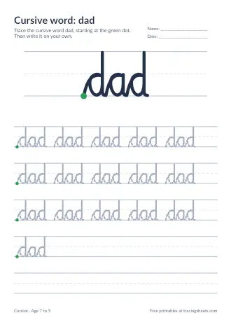 Preview of the cursive word: dad worksheet