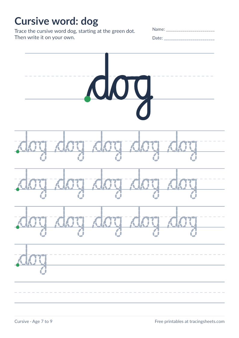 Preview of the printable cursive word: dog worksheet