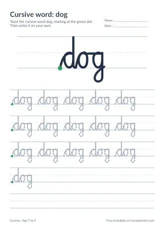 Preview of the cursive word: dog worksheet