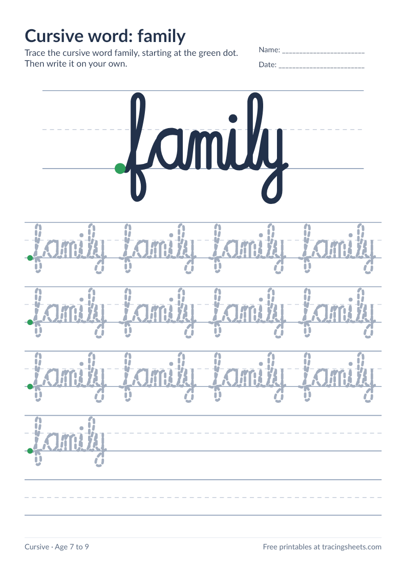 Preview of the printable cursive word: family worksheet